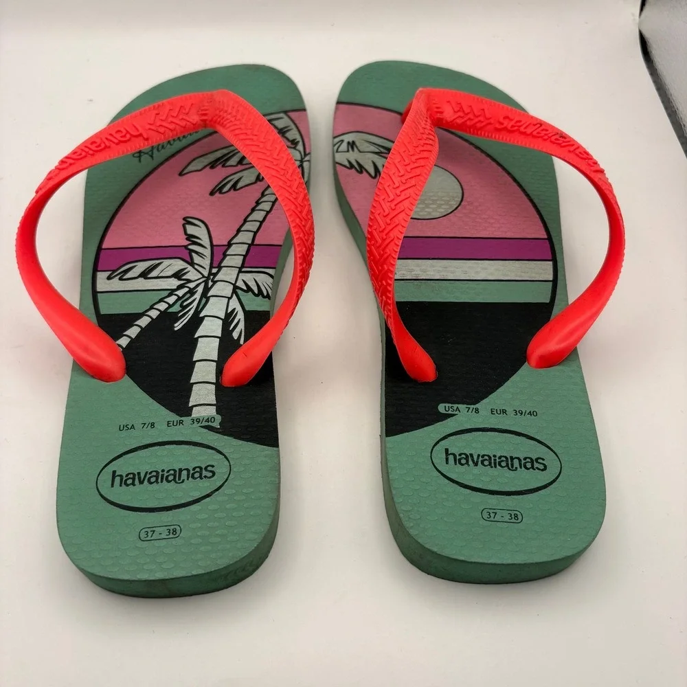 Havaianas Slim Tropical Flip Flops Mint Green Neon Orange Palm Tree Womens 7/8